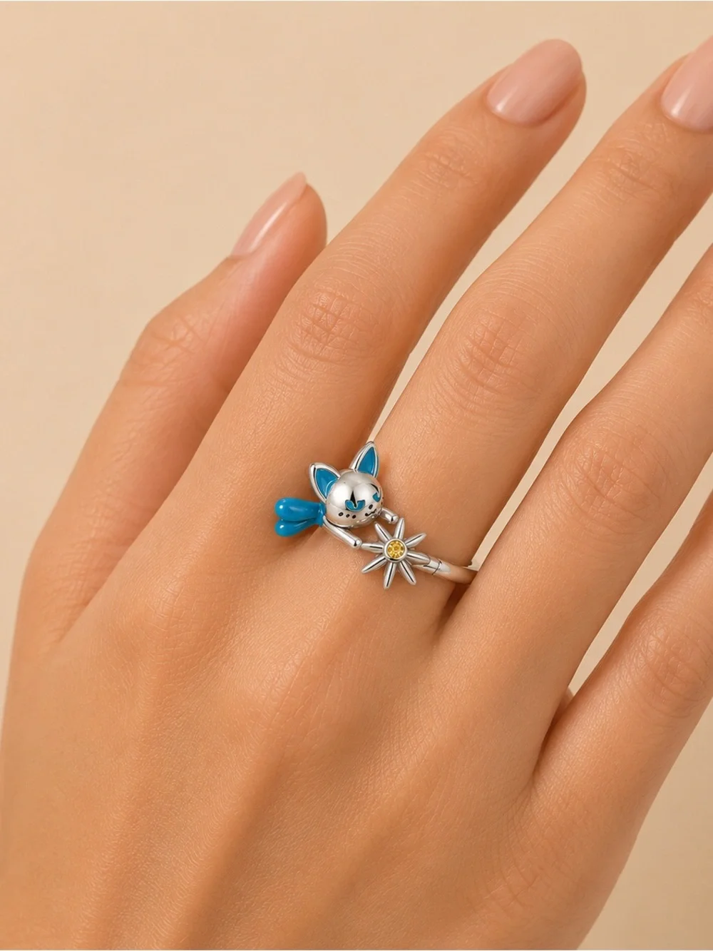 Sterling Silver Cat Wand Ring with Teal Enamel Details